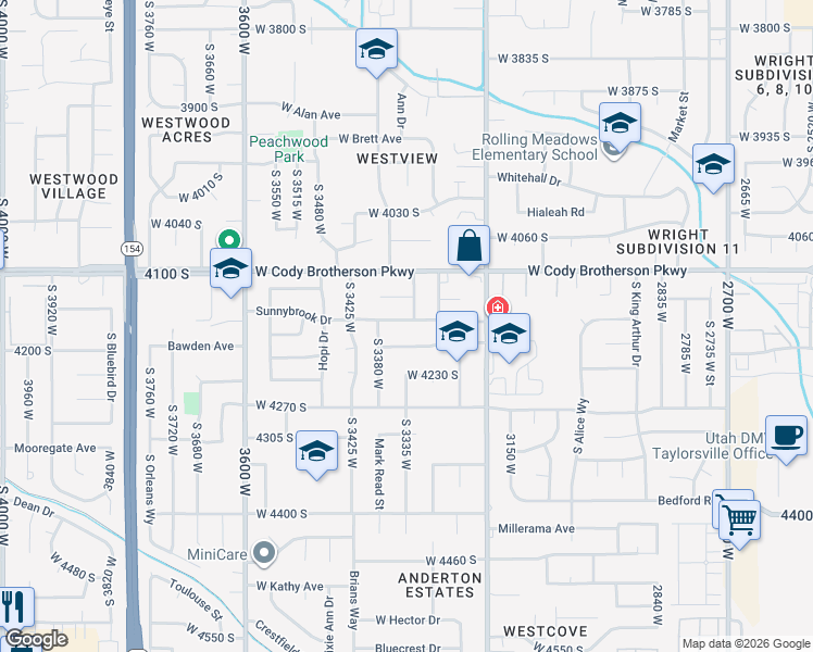 map of restaurants, bars, coffee shops, grocery stores, and more near 3329 Sunnybrook Drive in West Valley City