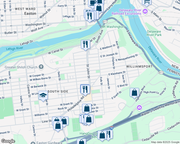 map of restaurants, bars, coffee shops, grocery stores, and more near 162 West Wilkes Barre Street in Easton