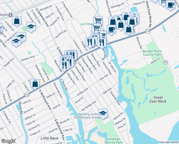 map of restaurants, bars, coffee shops, grocery stores, and more near 119 Deauville Parkway in Lindenhurst