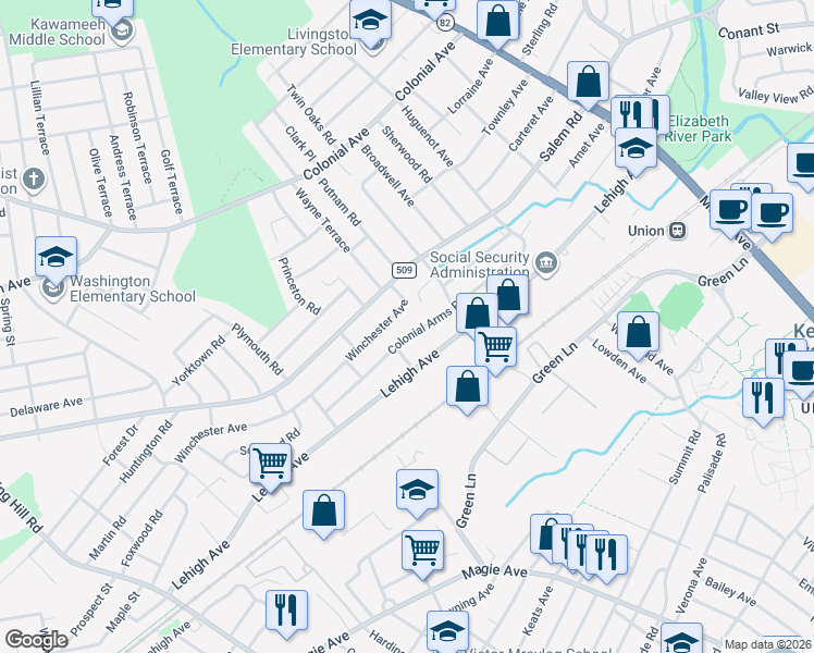 map of restaurants, bars, coffee shops, grocery stores, and more near 717 Colonial Arms Road in Union