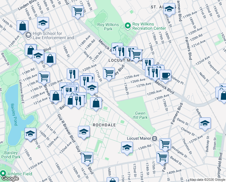 map of restaurants, bars, coffee shops, grocery stores, and more near 127-10 172nd Street in Queens