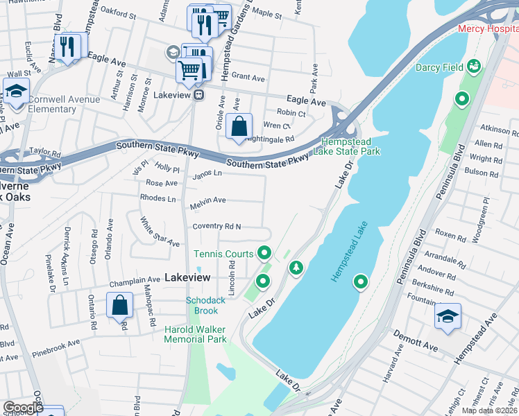 map of restaurants, bars, coffee shops, grocery stores, and more near 882 Janos Lane in West Hempstead
