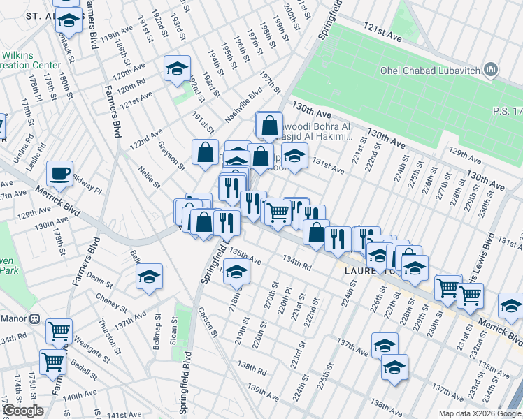 map of restaurants, bars, coffee shops, grocery stores, and more near 21701 Merrick Boulevard in Queens