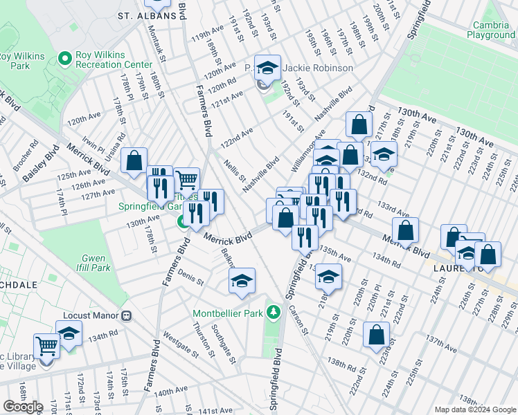 map of restaurants, bars, coffee shops, grocery stores, and more near 134-31 Montauk Street in Queens