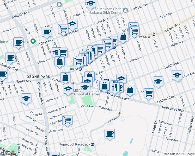 map of restaurants, bars, coffee shops, grocery stores, and more near 107-37 105th Street in Queens