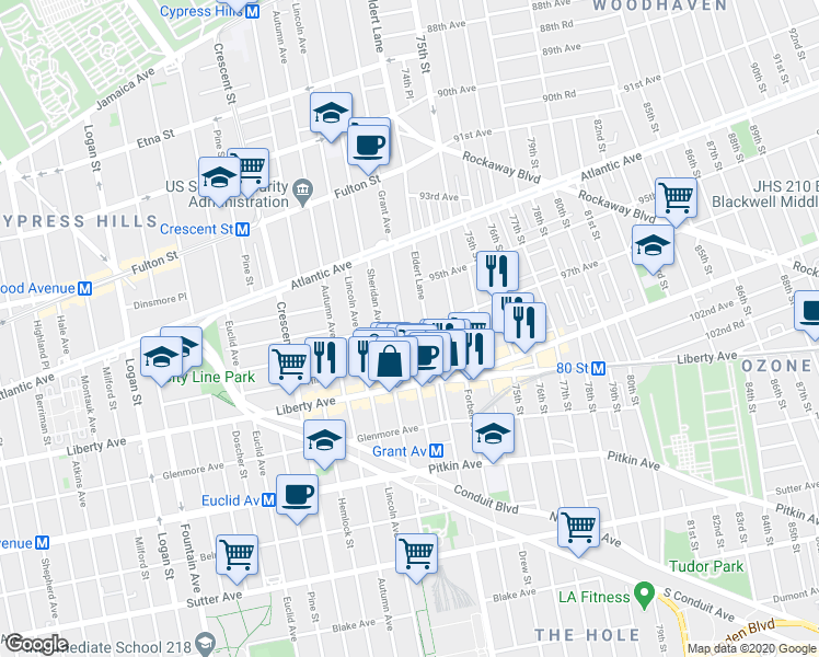 map of restaurants, bars, coffee shops, grocery stores, and more near 446 Eldert Lane in Brooklyn