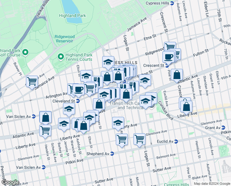 map of restaurants, bars, coffee shops, grocery stores, and more near 212 Highland Place in Brooklyn