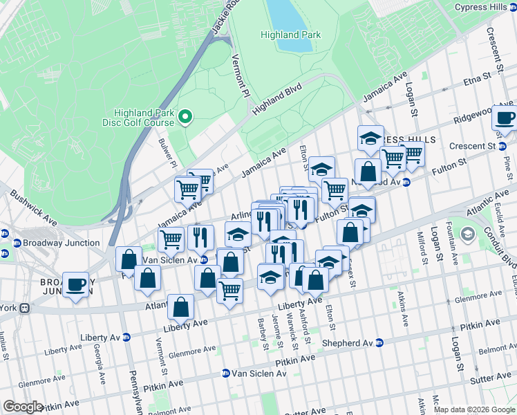 map of restaurants, bars, coffee shops, grocery stores, and more near 164 Arlington Avenue in Brooklyn