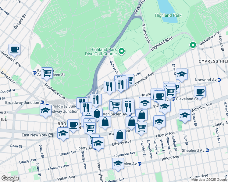 map of restaurants, bars, coffee shops, grocery stores, and more near 171 Jamaica Avenue in Brooklyn