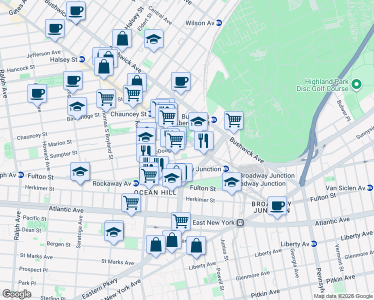 map of restaurants, bars, coffee shops, grocery stores, and more near 217 Hull Street in Brooklyn