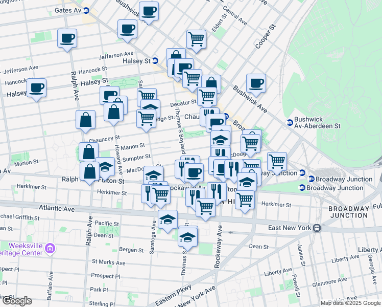 map of restaurants, bars, coffee shops, grocery stores, and more near 181 Macdougal Street in Brooklyn