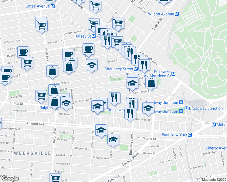 map of restaurants, bars, coffee shops, grocery stores, and more near 181 Macdougal Street in Brooklyn