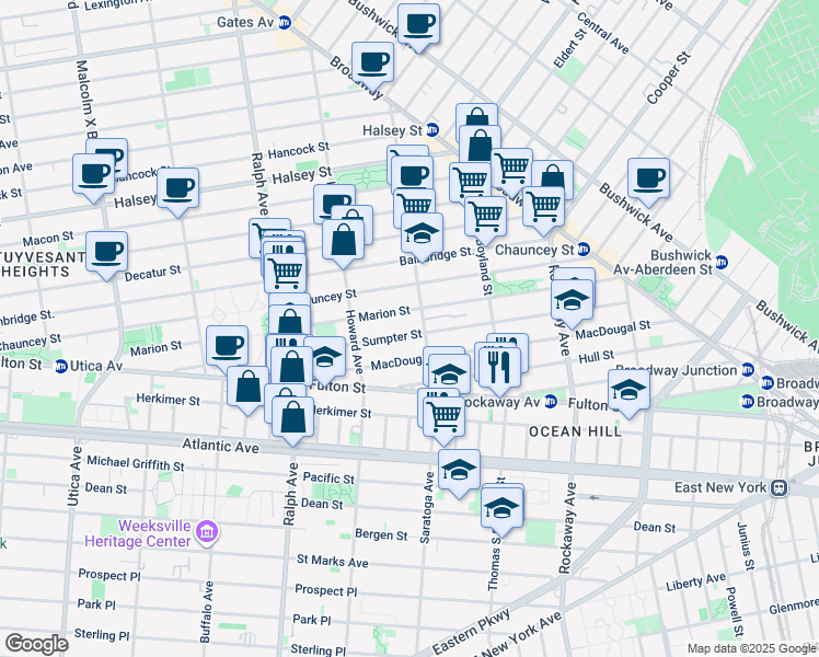 map of restaurants, bars, coffee shops, grocery stores, and more near 184 Saratoga Avenue in Brooklyn