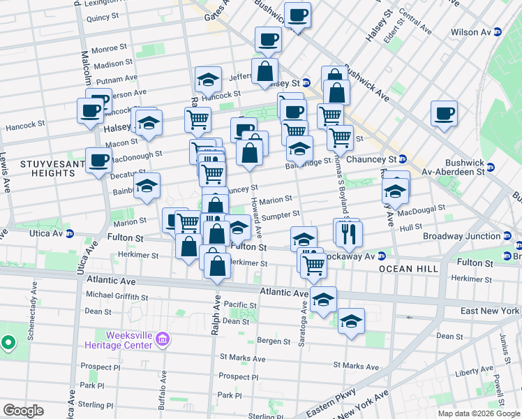 map of restaurants, bars, coffee shops, grocery stores, and more near 160 Sumpter Street in Brooklyn