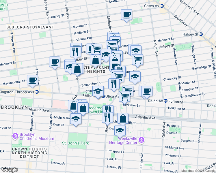 map of restaurants, bars, coffee shops, grocery stores, and more near 94 Chauncey Street in Brooklyn