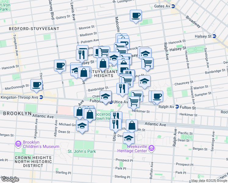 map of restaurants, bars, coffee shops, grocery stores, and more near 94 Chauncey Street in Brooklyn
