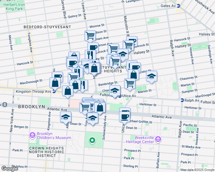 map of restaurants, bars, coffee shops, grocery stores, and more near 61 Chauncey Street in Brooklyn