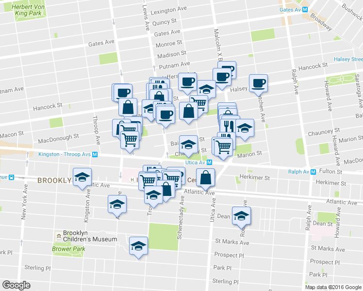 map of restaurants, bars, coffee shops, grocery stores, and more near 61 Chauncey Street in Brooklyn