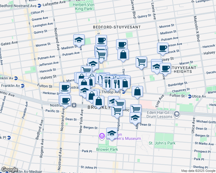map of restaurants, bars, coffee shops, grocery stores, and more near 1471 Fulton Street in Brooklyn