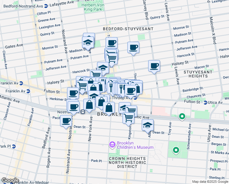map of restaurants, bars, coffee shops, grocery stores, and more near 1422 Fulton Street in Brooklyn