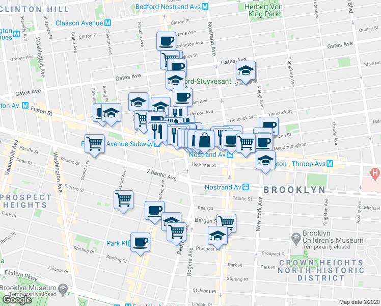 map of restaurants, bars, coffee shops, grocery stores, and more near 5 Herkimer Street in Brooklyn