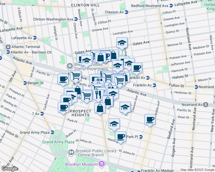 map of restaurants, bars, coffee shops, grocery stores, and more near 599 Washington Avenue in Brooklyn