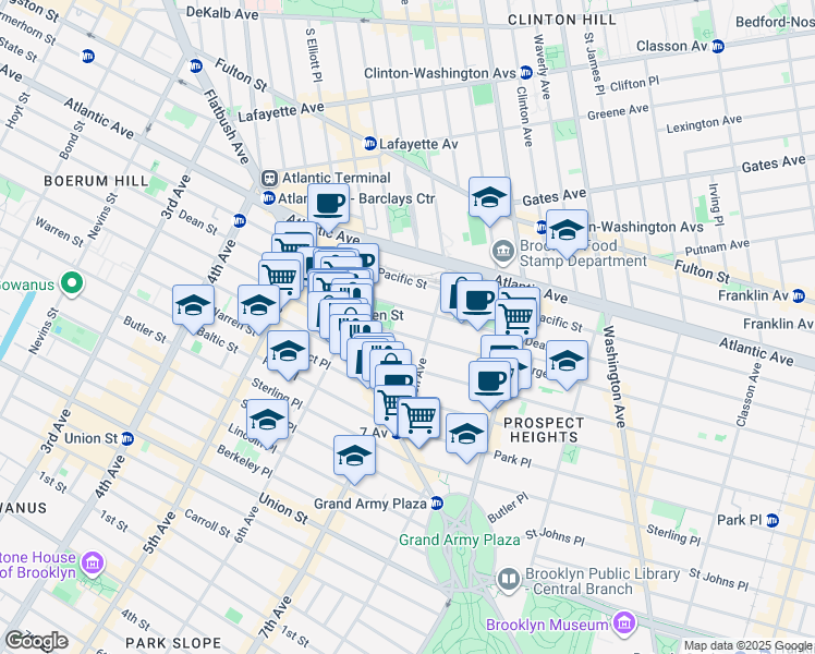 map of restaurants, bars, coffee shops, grocery stores, and more near 542 Bergen Street in Brooklyn