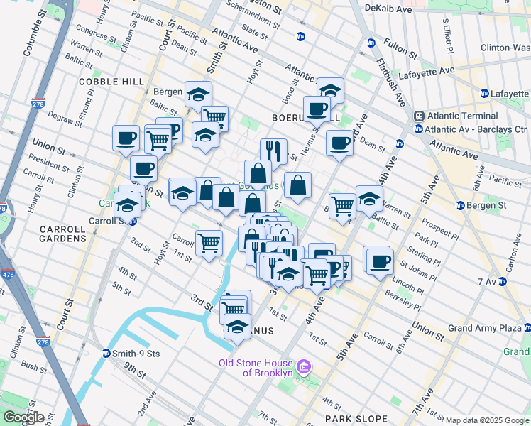map of restaurants, bars, coffee shops, grocery stores, and more near 544 Sackett Street in Brooklyn