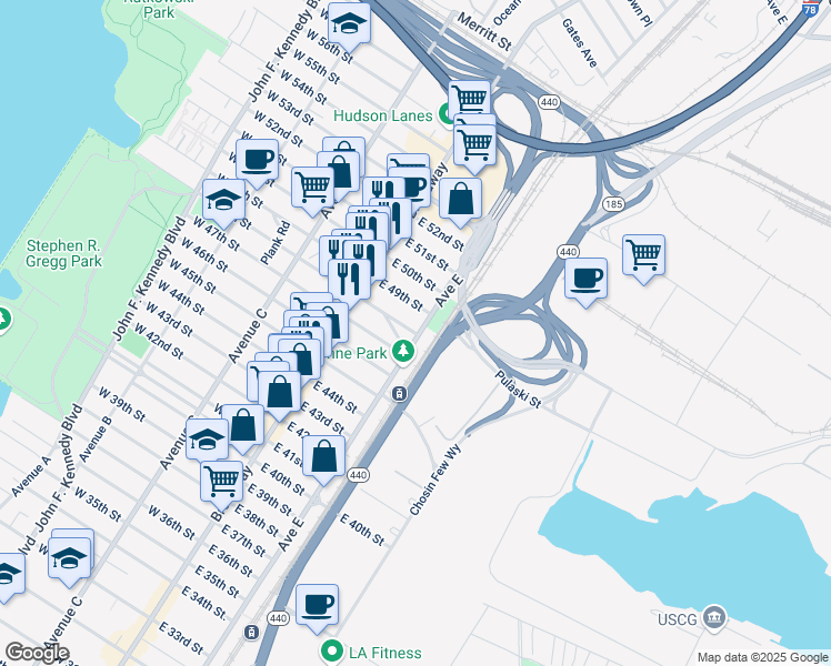 map of restaurants, bars, coffee shops, grocery stores, and more near 55 East Grand Street in Bayonne