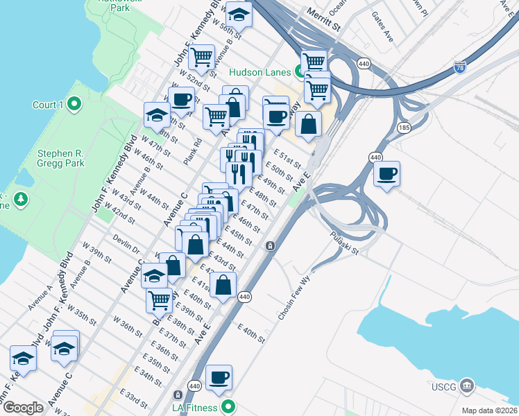 map of restaurants, bars, coffee shops, grocery stores, and more near 27 East 46th Street in Bayonne