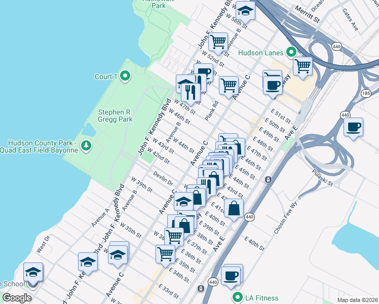 map of restaurants, bars, coffee shops, grocery stores, and more near 74-76 East 43rd Street in Bayonne