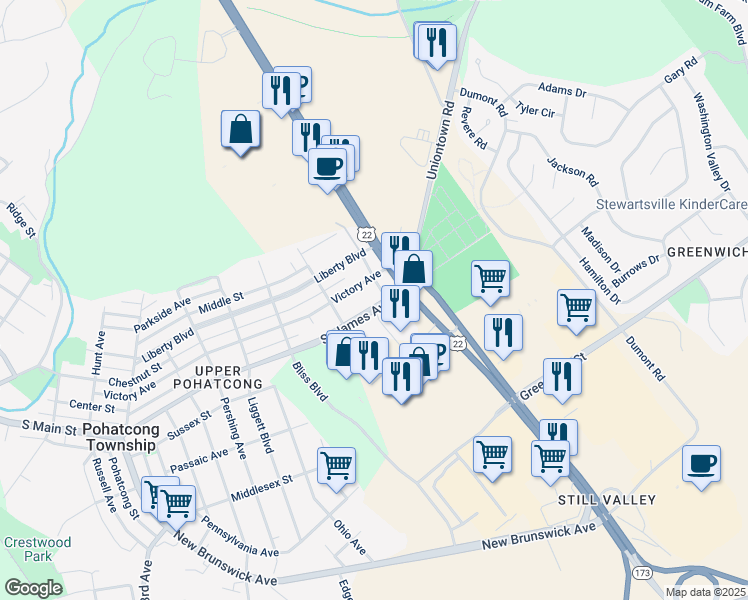 map of restaurants, bars, coffee shops, grocery stores, and more near 557 County Road 519 in Phillipsburg
