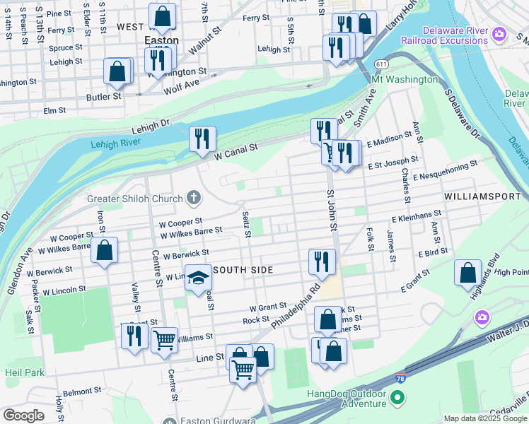 map of restaurants, bars, coffee shops, grocery stores, and more near 365 West Wilkes Barre Street in Easton