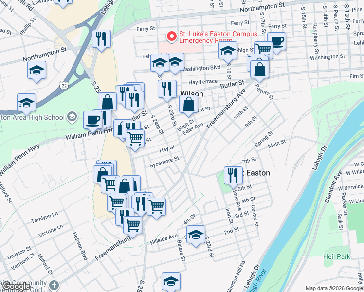 map of restaurants, bars, coffee shops, grocery stores, and more near 2307 Sycamore Street in Easton