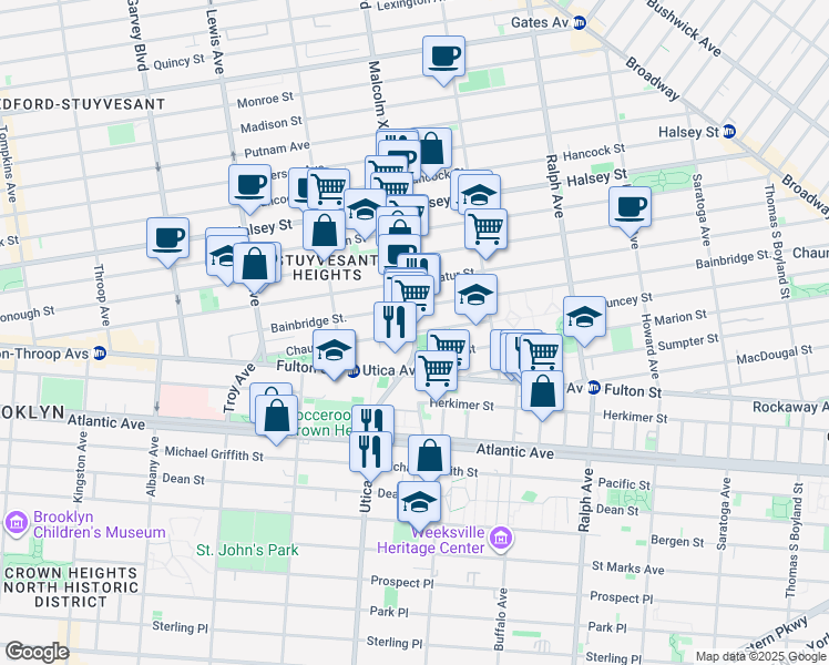 map of restaurants, bars, coffee shops, grocery stores, and more near Malcolm X Blvd & Chauncey St in Brooklyn