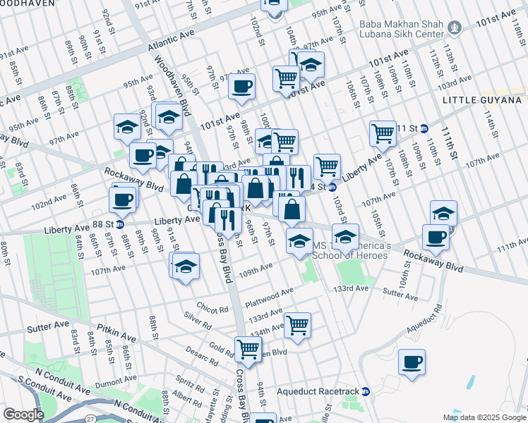 map of restaurants, bars, coffee shops, grocery stores, and more near 106-20 97th Street in Queens