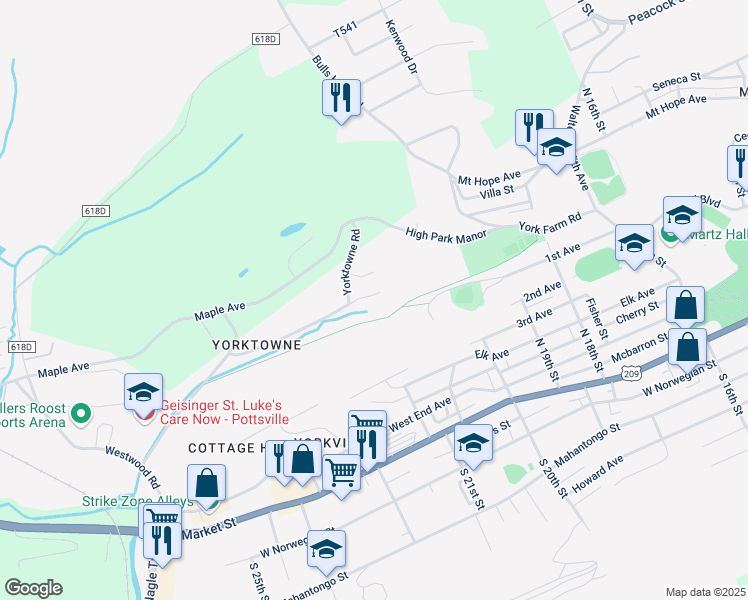 map of restaurants, bars, coffee shops, grocery stores, and more near 2057 Woodglen Road in Pottsville
