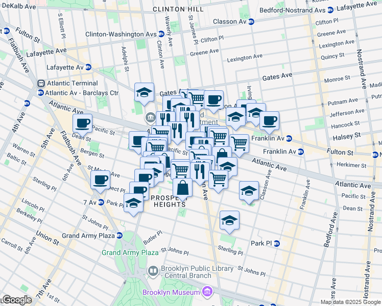 map of restaurants, bars, coffee shops, grocery stores, and more near 34 Underhill Avenue in Brooklyn