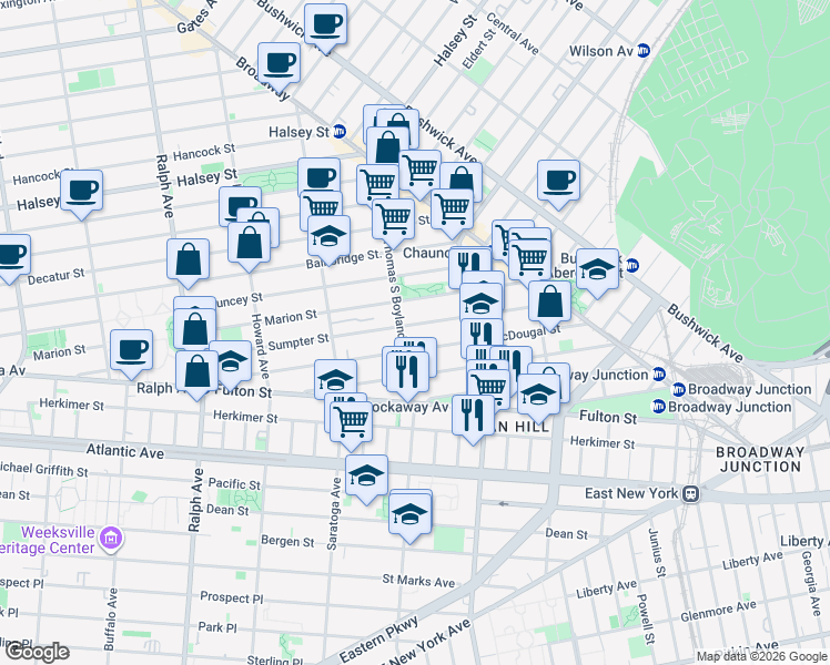 map of restaurants, bars, coffee shops, grocery stores, and more near 270 Sumpter Street in Brooklyn