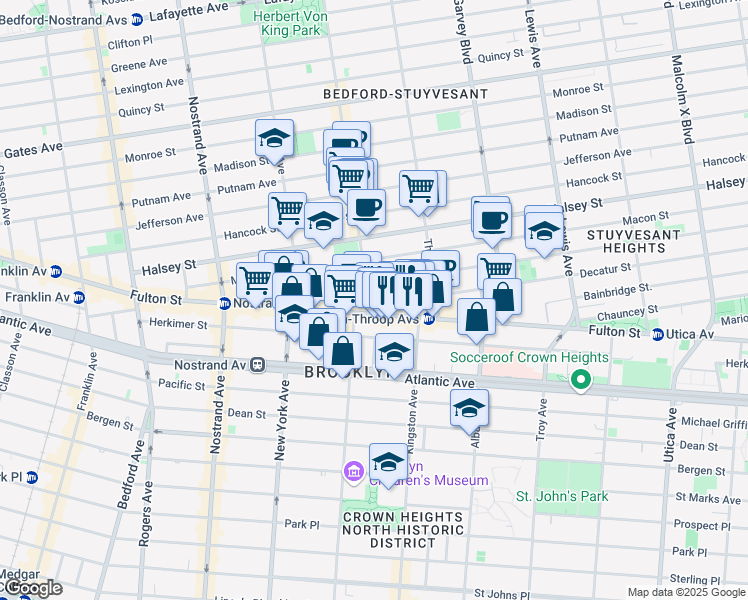 map of restaurants, bars, coffee shops, grocery stores, and more near 491 Tompkins Avenue in Brooklyn