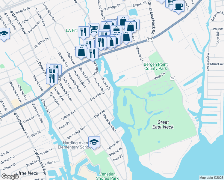 map of restaurants, bars, coffee shops, grocery stores, and more near 212 West Lake Drive in Lindenhurst
