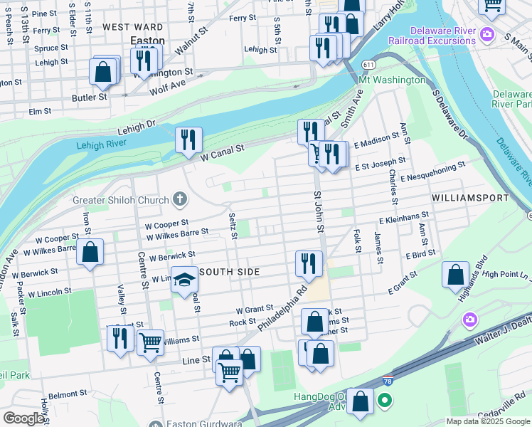 map of restaurants, bars, coffee shops, grocery stores, and more near 331 West Wilkes Barre Street in Easton