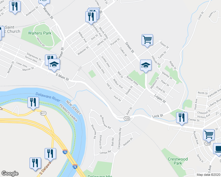 map of restaurants, bars, coffee shops, grocery stores, and more near 916 Hill Street in Phillipsburg