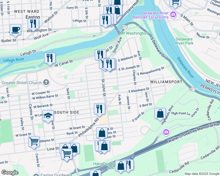 map of restaurants, bars, coffee shops, grocery stores, and more near 142 West Wilkes Barre Street in Easton