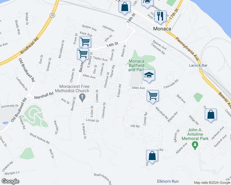 map of restaurants, bars, coffee shops, grocery stores, and more near 1416 Marshall Road in Monaca