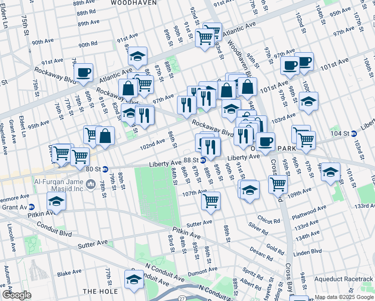 map of restaurants, bars, coffee shops, grocery stores, and more near 8602 103rd Avenue in Queens
