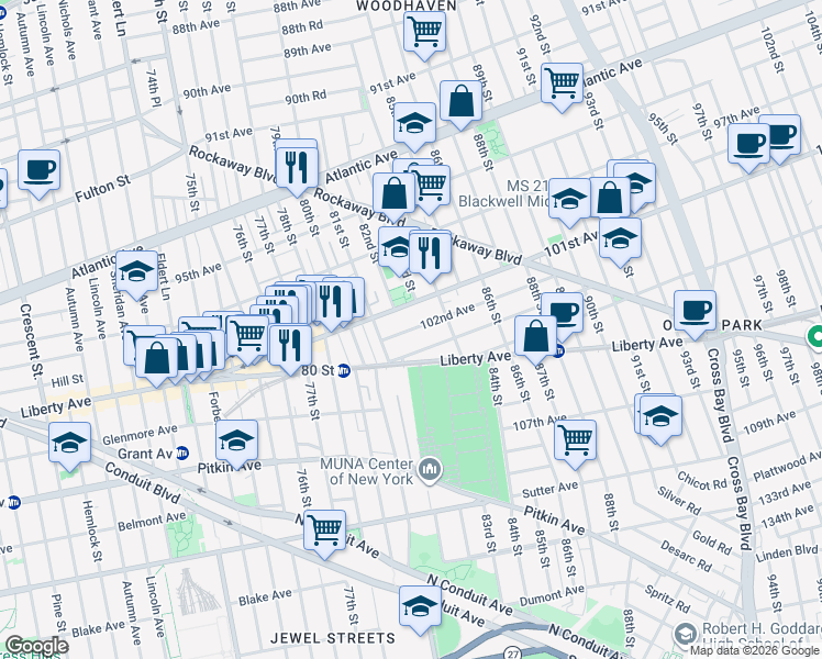 map of restaurants, bars, coffee shops, grocery stores, and more near 81-06 102nd Avenue in Queens