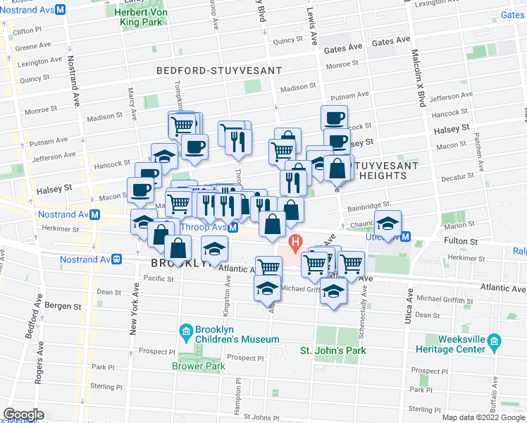 map of restaurants, bars, coffee shops, grocery stores, and more near 1545 Fulton Street in Brooklyn