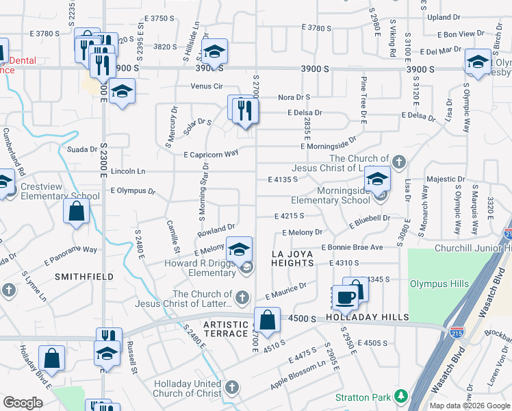map of restaurants, bars, coffee shops, grocery stores, and more near 3471 East Olympus Drive in Holladay