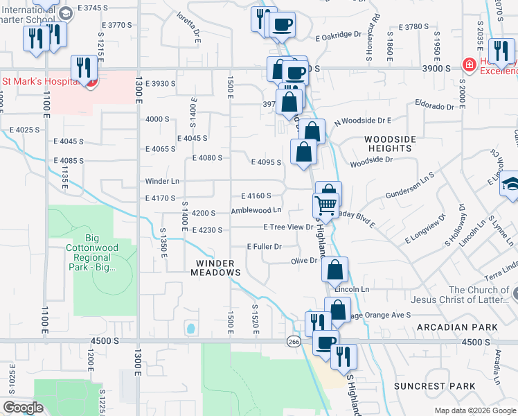 map of restaurants, bars, coffee shops, grocery stores, and more near 1561 Amblewood Lane in Millcreek